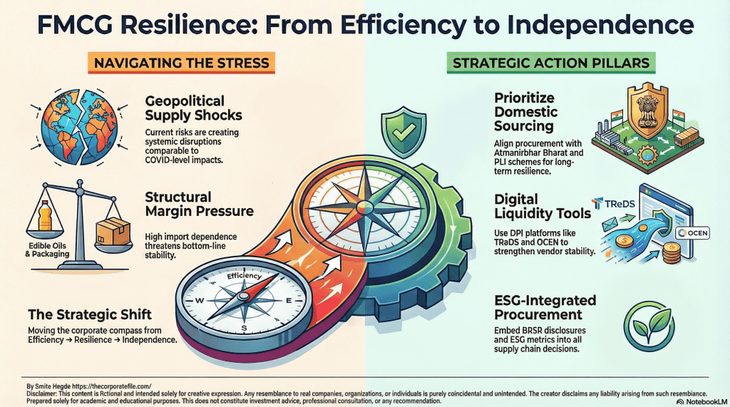 Infographic on FMCG resilience from efficiency to independence, featuring sections on navigating stress and strategic action pillars.