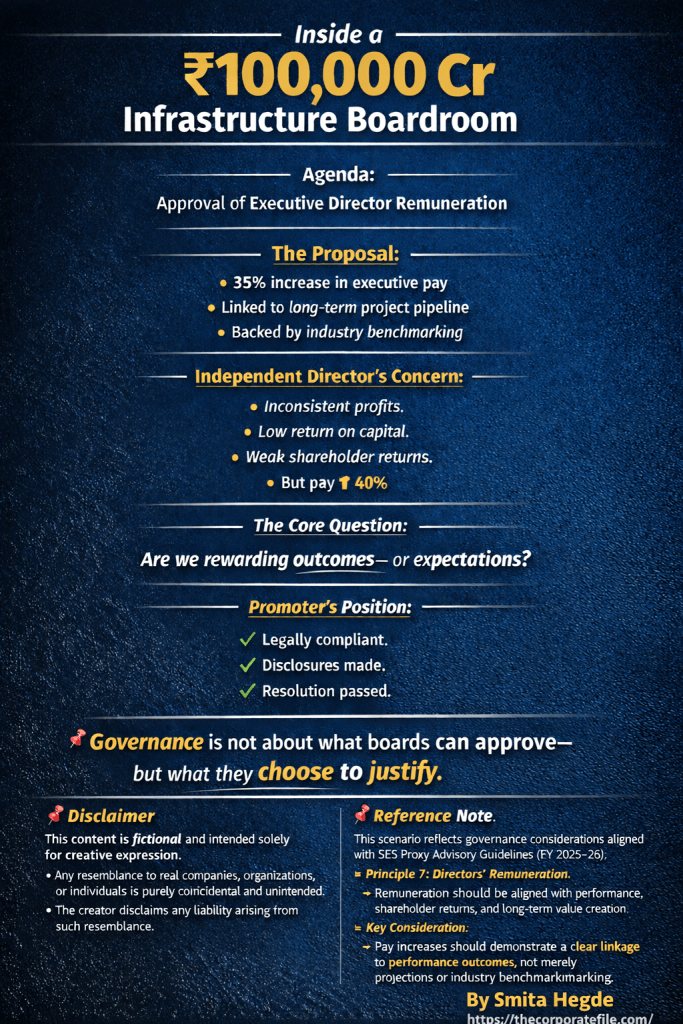 An infographic titled "Inside a ₹100,000 Cr Infrastructure Boardroom" detailing a fictional case study on executive remuneration. It highlights the tension between a proposed 35% pay increase and an Independent Director’s concerns regarding inconsistent profits and weak shareholder returns.