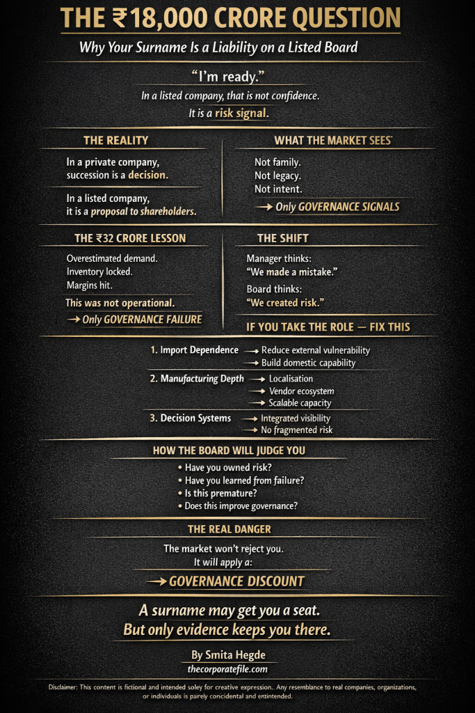 A professional infographic titled "The ₹18,000 Crore Question," detailing the transition from family-led succession to corporate governance in listed companies. It contrasts the "Manager" mindset with the "Board" mindset, highlighting a ₹32 crore lesson in operational risk. The graphic lists key areas for improvement: reducing import dependence, increasing manufacturing depth through localization, and creating integrated decision systems. It concludes that while a surname provides a seat at the table, only evidence of risk management maintains it.