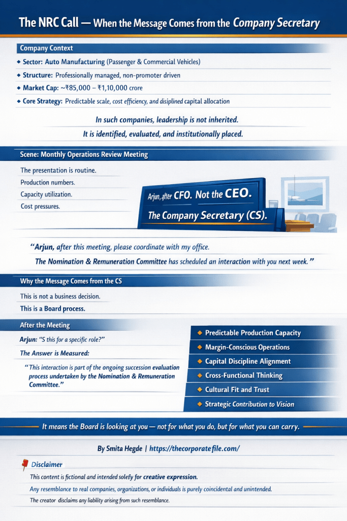 An educational infographic titled "The NRC Call," depicting a corporate scene where a Company Secretary informs a leader of a Board-level interaction for succession evaluation.