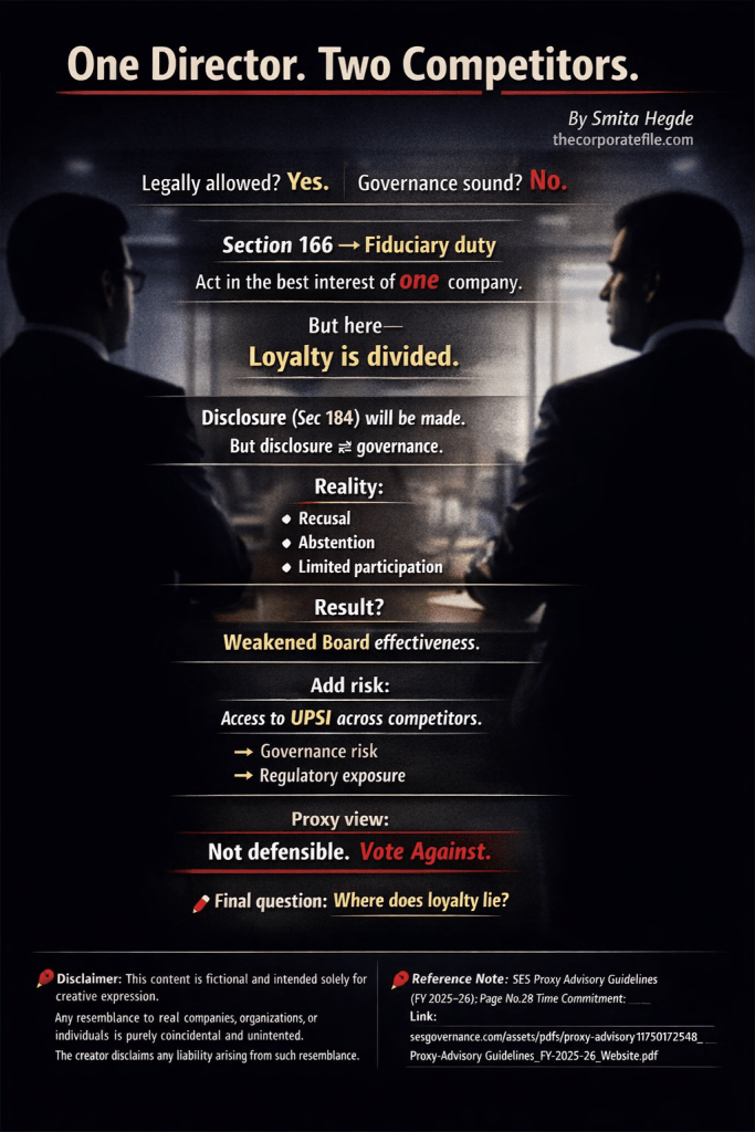 Infographic titled "One Director. Two Competitors." analyzing why serving on competing boards is a governance failure. It cites Section 166, warns of divided loyalty and UPSI risks, and notes that proxy advisors recommend a "Vote Against."