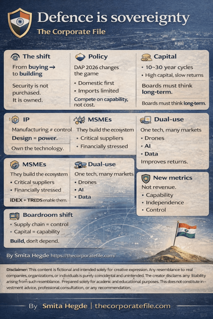 Infographic titled 'Defence is Sovereignty' discussing shifts in defense policy, highlighting the importance of domestic production, long-term capital investment, MSMEs, and dual-use technology.