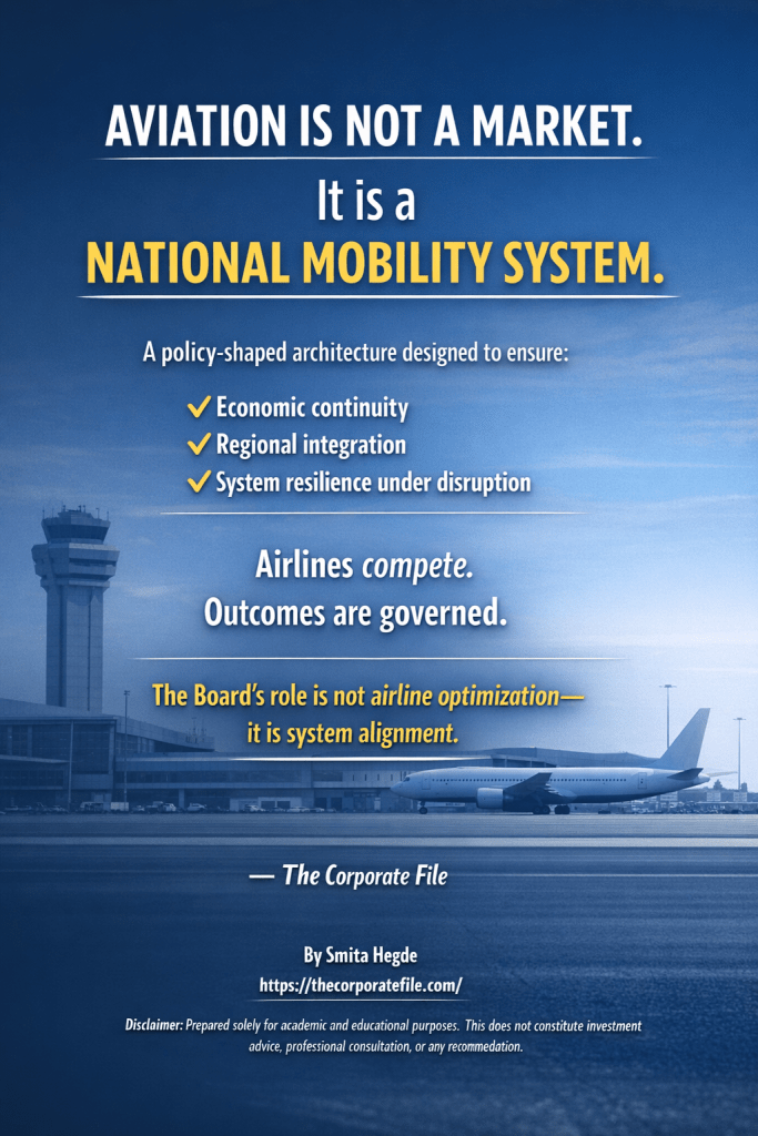 An informative graphic emphasizing that aviation is a national mobility system, not a market, highlighting the importance of economic continuity, regional integration, and system resilience. It includes a disclaimer and is authored by Smita Hegde.