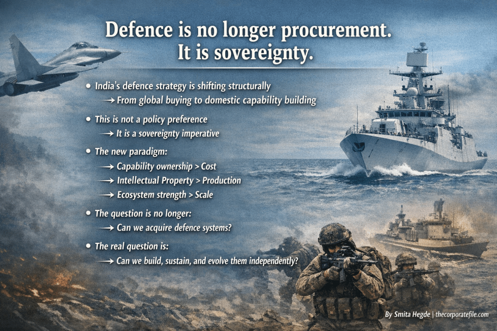A graphic discussing India's shift in defense strategy from global procurement to domestic capability building, highlighting the importance of sovereignty, capability ownership, and self-sustainability in defense systems.