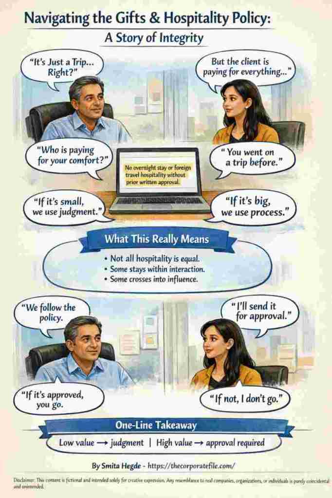 An illustrated comic titled "Navigating the Gifts & Hospitality Policy," showing two colleagues discussing the ethics of accepting a client-paid trip, concluding that high-value hospitality requires formal approval.