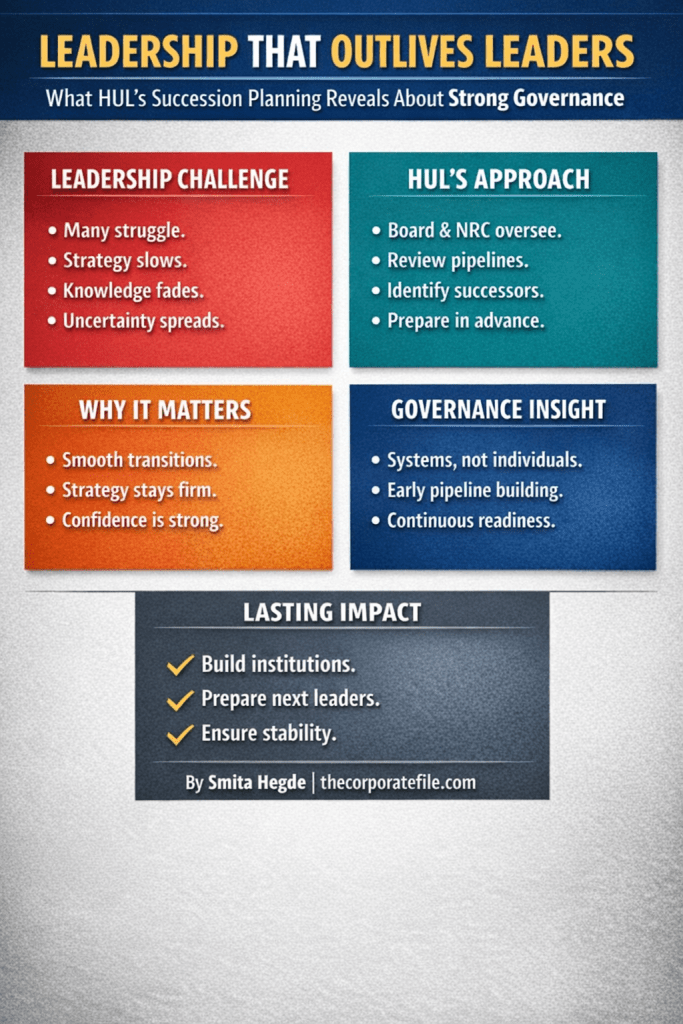 Infographic explaining Hindustan Unilever Limited’s succession planning framework and how strong board oversight and leadership pipelines ensure governance stability and leadership continuity.