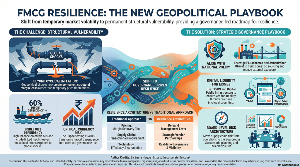 Infographic titled 'FMCG Resilience: The New Geopolitical Playbook' outlining strategies for addressing structural vulnerabilities in the FMCG sector amid global shocks and market volatility.
