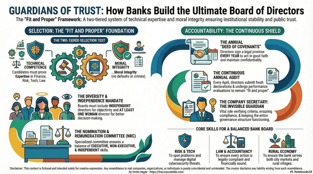 Infographic explaining the "Fit and Proper" framework for bank boards, covering selection criteria like technical competence and moral integrity, plus accountability measures like annual audits and the role of the Company Secretary.