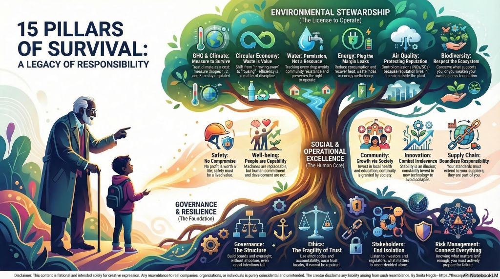 A vibrant infographic titled "15 Pillars of Survival: A Legacy of Responsibility," featuring an elderly man and a young child standing before a large, symbolic tree. The tree’s branches represent Environmental Stewardship (GHG, Circular Economy, Water, Energy, Air, Biodiversity), the trunk represents Social & Operational Excellence (Safety, Well-being, Community, Innovation, Supply Chain), and the roots represent Governance & Resilience (Ethics, Risk Management, Stakeholders). Each of the 15 materiality topics includes a brief, wisdom-based survival quote.