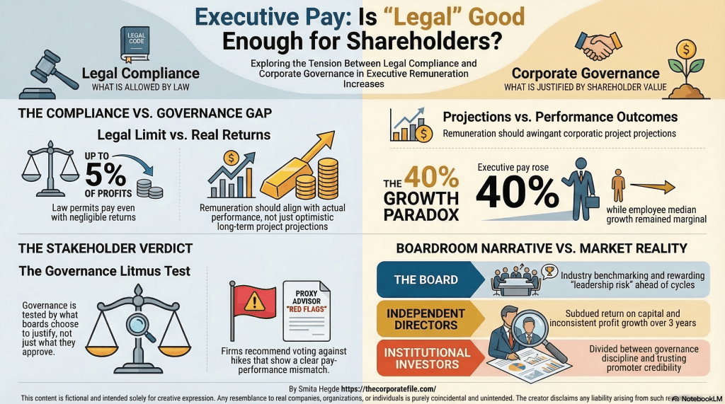 A horizontal infographic titled "Executive Pay: Is 'Legal' Good Enough for Shareholders?" It compares legal compliance (what is allowed by law) with corporate governance (what is justified by value). It features sections on the "40% Growth Paradox" and the "Boardroom Narrative vs. Market Reality."