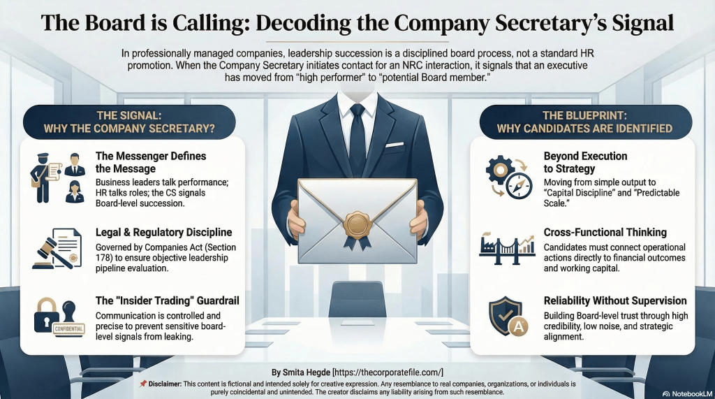 An infographic titled "The Board is Calling," featuring a central figure in a suit holding a sealed envelope. It explains the legal and strategic role of the Company Secretary in identifying potential Board members through the NRC process.