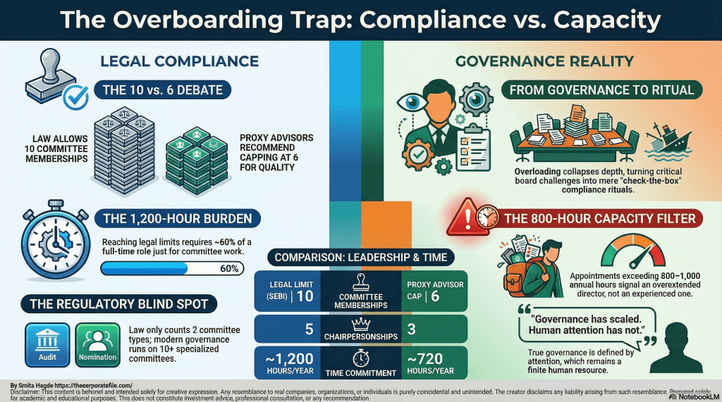A comparison graphic showing the SEBI limit of 10 committees versus the institutional investor preference of 6, highlighting the 1,200-hour annual workload.