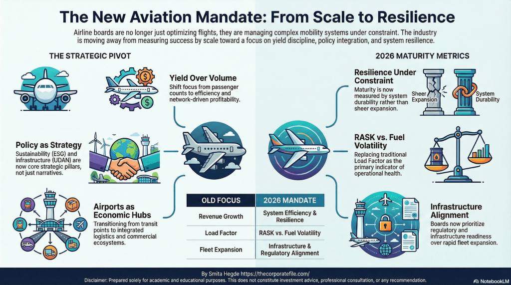 Infographic titled 'The New Aviation Mandate: From Scale to Resilience', outlining the shift in airline industry strategies focusing on yield over volume, sustainability policies, and infrastructure alignment for 2026.