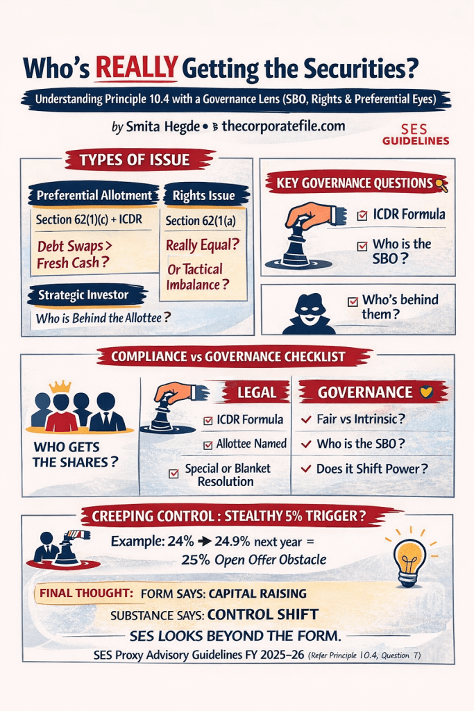 Infographic titled 'Who's REALLY Getting the Securities?' discussing governance issues, types of allotment, and key questions related to securities issuance.