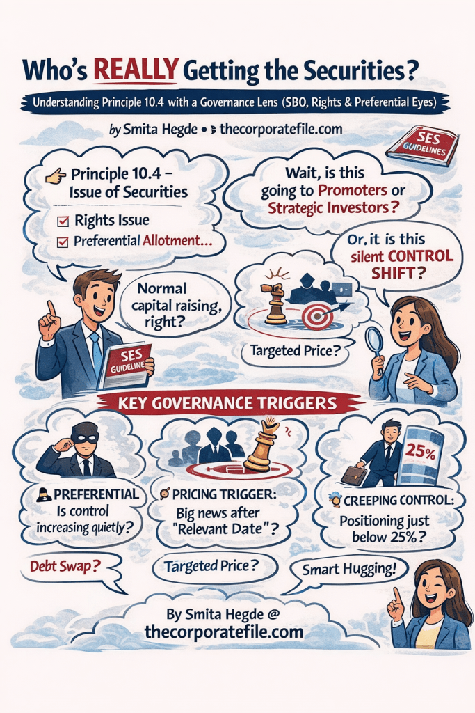Infographic titled 'Who's REALLY Getting the Securities?' by Smita Hegde, discussing Principle 10.4 related to securities, governance, and strategic investors.