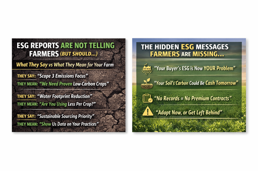 Left panel discusses shortcomings in ESG reports for farmers, including explanations of terms like 'Scope 3 Emissions Focus' and 'Water Footprint Reduction.'