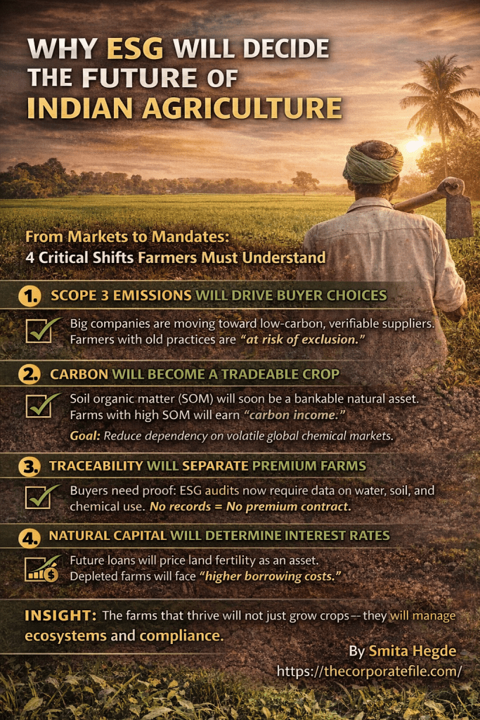 Infographic discussing the importance of ESG (Environmental, Social, Governance) in shaping the future of Indian agriculture, highlighting four critical shifts for farmers to understand.