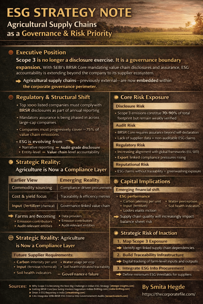 An infographic titled 'ESG Strategy Note: Agricultural Supply Chains as a Governance & Risk Priority,' outlining key aspects of ESG governance, core risk exposure, and strategic realities in agricultural supply chains. It highlights the importance of compliance and accountability in ESG reporting and management.