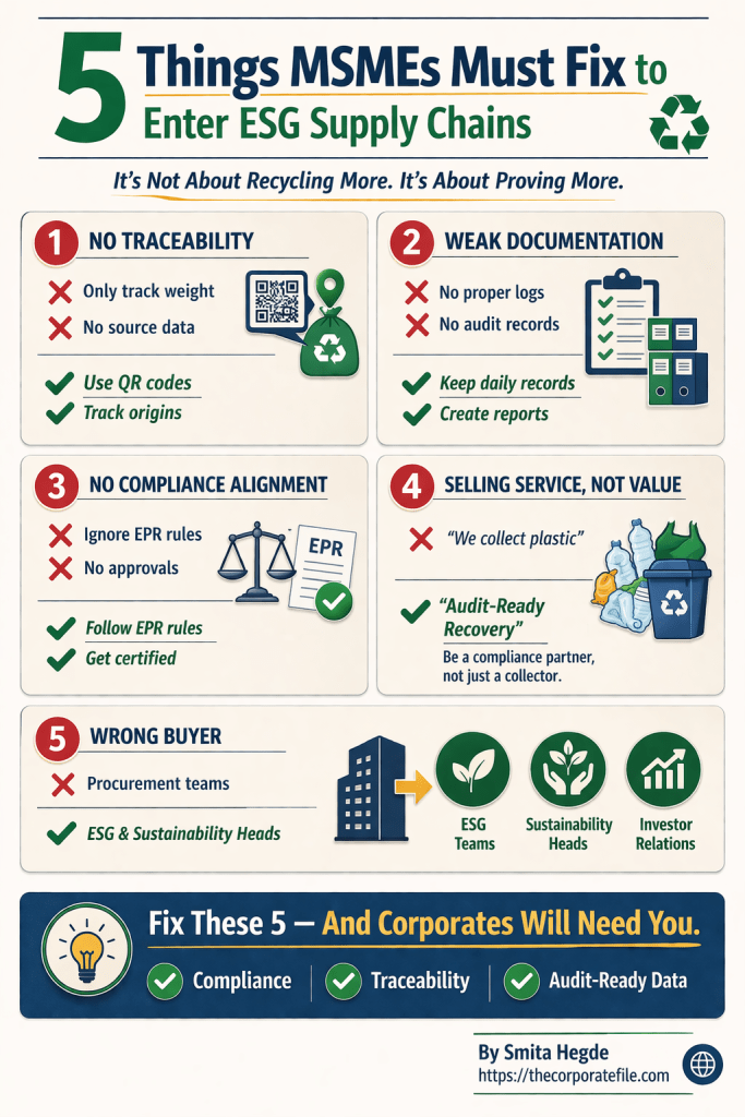 Infographic titled '5 Things MSMEs Must Fix to Enter ESG Supply Chains' outlining five key areas: No Traceability, Weak Documentation, No Compliance Alignment, Selling Service Not Value, and Wrong Buyer. Each point includes a checklist of issues and solutions for MSMEs to improve their ESG integration.